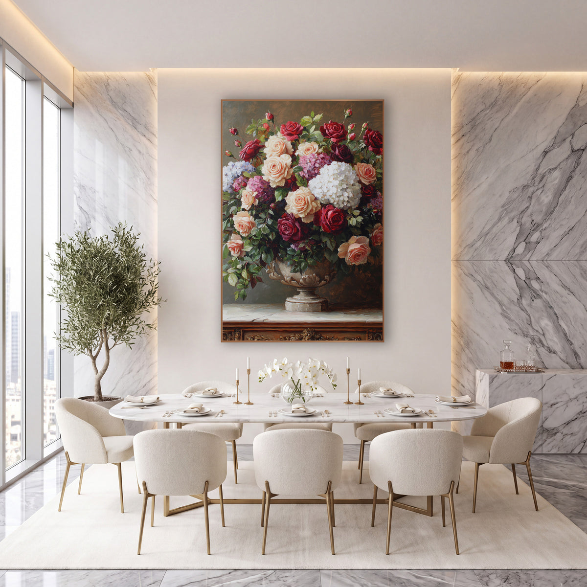 Overflowing Rose Hydrangea Bouquet Classic wall art in an elegant modern room – large bouquet of cream, peach