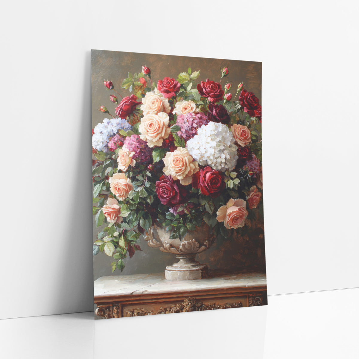 Overflowing Rose Hydrangea Bouquet Classic art print leaning against a white wall – large bouquet of cream, peach