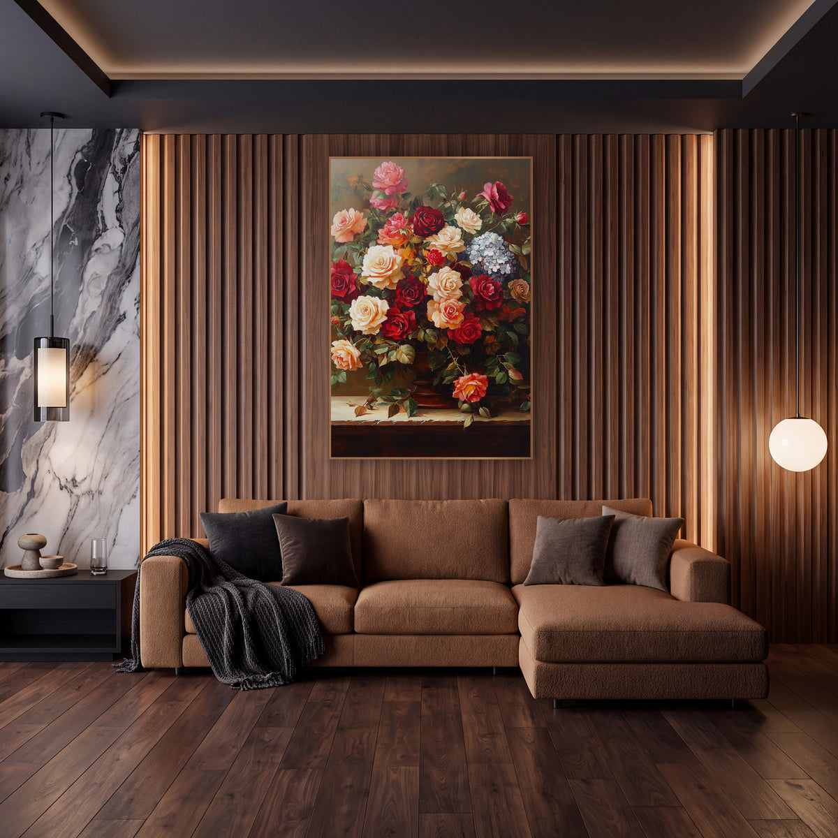 Overflowing Garden Rose Bouquet Classic wall art in an elegant modern room – floral still life of red, cream and peach