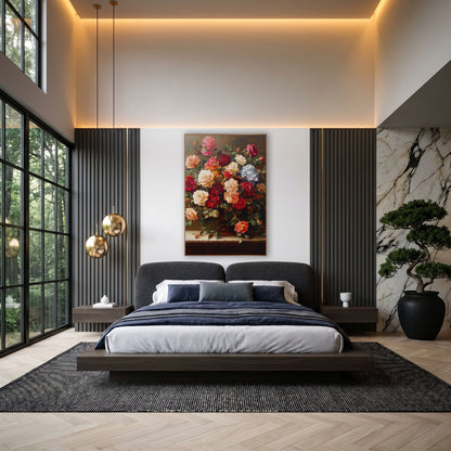 Overflowing Garden Rose Bouquet Classic wall art in an elegant modern room – floral still life of red, cream and peach