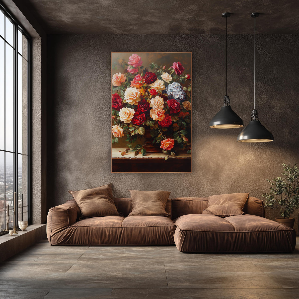 Overflowing Garden Rose Bouquet Classic wall art in an elegant modern room – floral still life of red, cream and peach