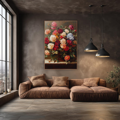 Overflowing Garden Rose Bouquet Classic wall art in an elegant modern room – floral still life of red, cream and peach
