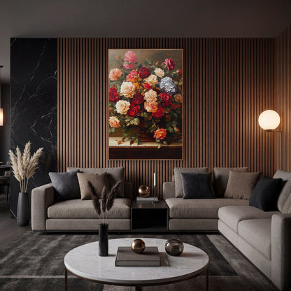 Overflowing Garden Rose Bouquet Classic wall art in an elegant modern room – floral still life of red, cream and peach