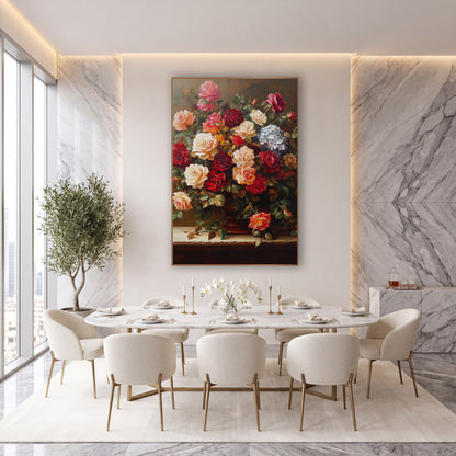 Overflowing Garden Rose Bouquet Classic wall art in an elegant modern room – floral still life of red, cream and peach