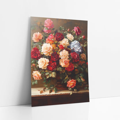 Overflowing Garden Rose Bouquet Classic art print leaning against a white wall – floral still life of red, cream and peach