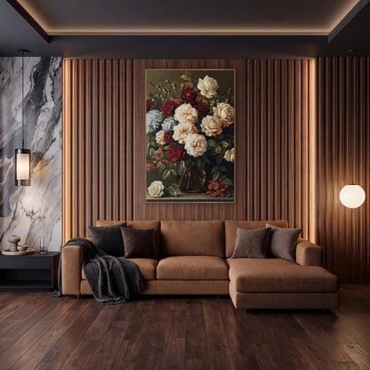 Crimson Cream Rose Bouquet Floral wall art in an elegant modern room – bouquet of red and cream roses with pale blue
