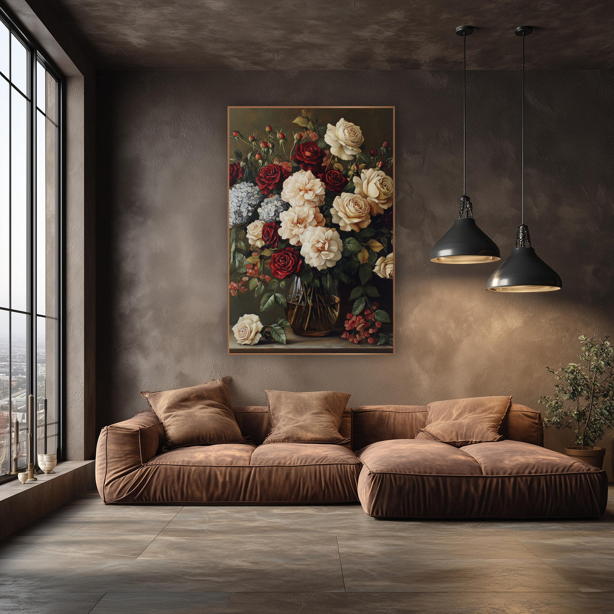Crimson Cream Rose Bouquet Floral wall art in an elegant modern room – bouquet of red and cream roses with pale blue