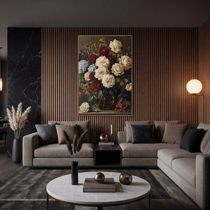 Crimson Cream Rose Bouquet Floral wall art in an elegant modern room – bouquet of red and cream roses with pale blue