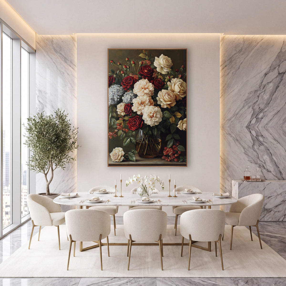 Crimson Cream Rose Bouquet Floral wall art in an elegant modern room – bouquet of red and cream roses with pale blue