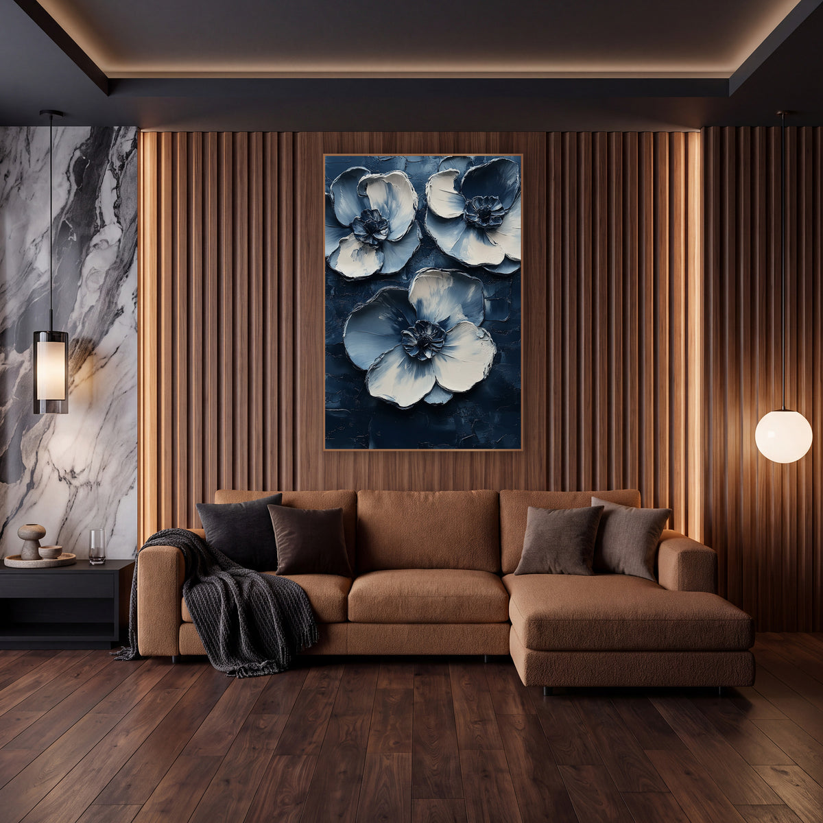 Indigo Cream Blossom Trio Abstract wall art in an elegant modern room – three large abstract blossoms with cream