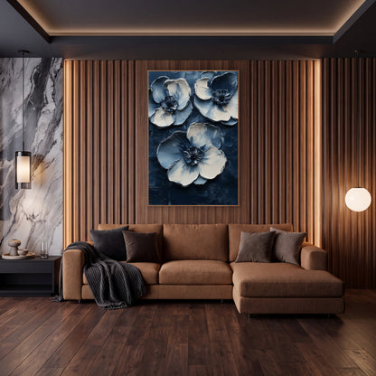 Indigo Cream Blossom Trio Abstract wall art in an elegant modern room – three large abstract blossoms with cream