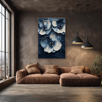 Indigo Cream Blossom Trio Abstract wall art in an elegant modern room – three large abstract blossoms with cream