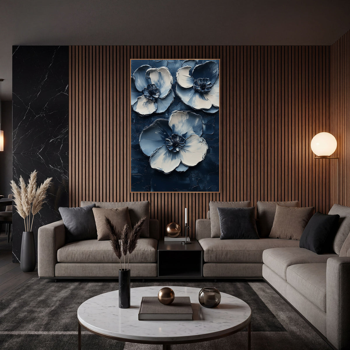 Indigo Cream Blossom Trio Abstract wall art in an elegant modern room – three large abstract blossoms with cream