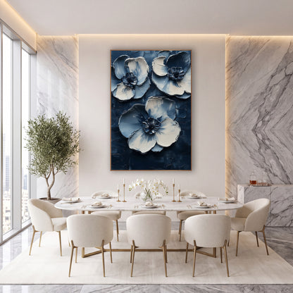 Indigo Cream Blossom Trio Abstract wall art in an elegant modern room – three large abstract blossoms with cream