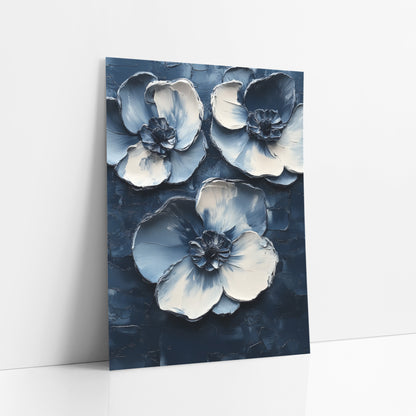 Indigo Cream Blossom Trio Abstract art print leaning against a white wall – three large abstract blossoms with cream