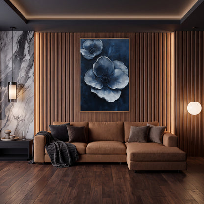 Silvery Blue Poppies Luxe Modern wall art in an elegant modern room – two large silver-blue blossoms with layered