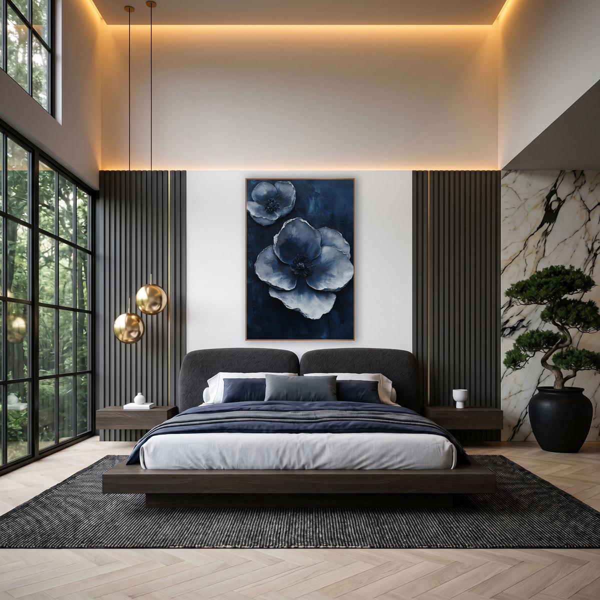Silvery Blue Poppies Luxe Modern wall art in an elegant modern room – two large silver-blue blossoms with layered