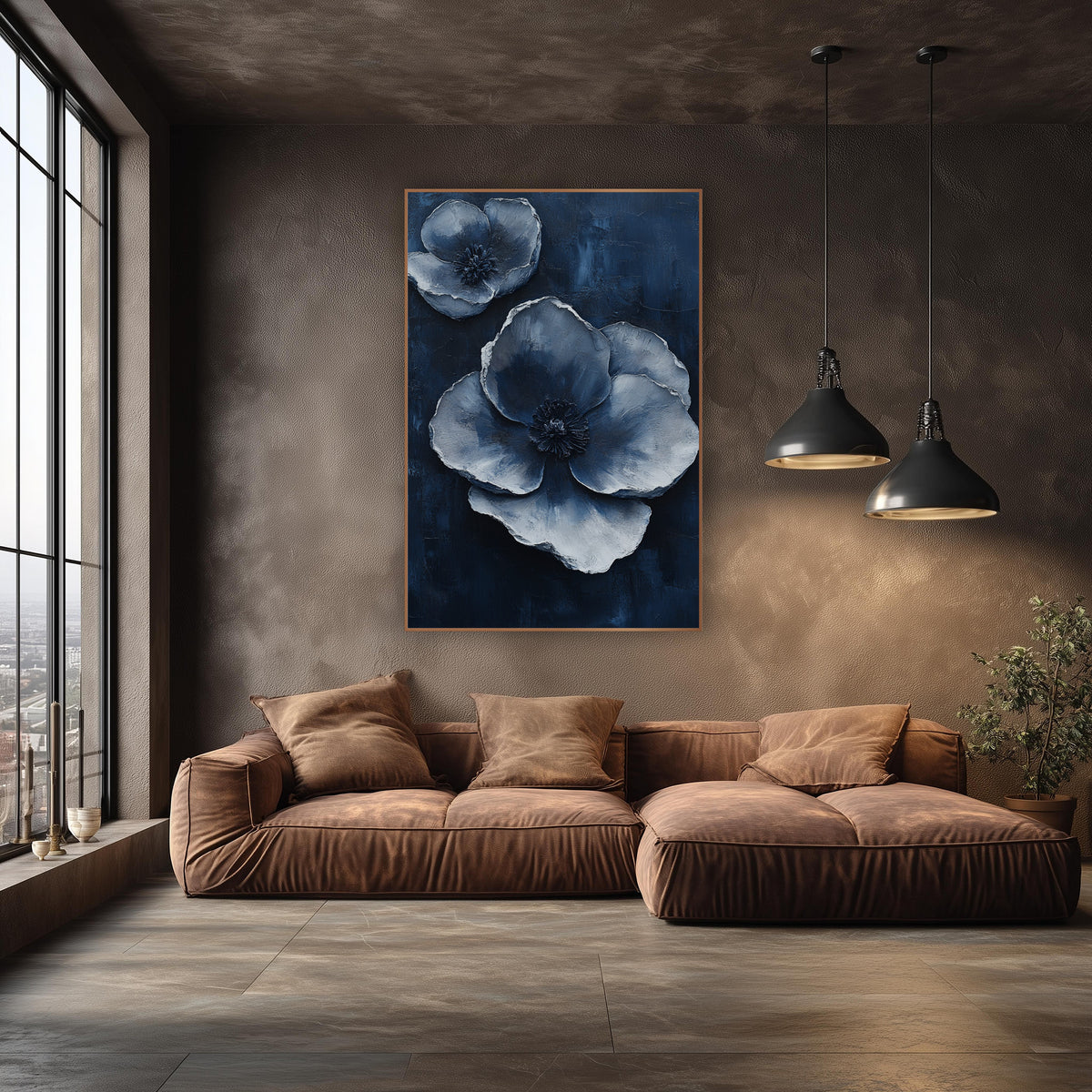 Silvery Blue Poppies Luxe Modern wall art in an elegant modern room – two large silver-blue blossoms with layered
