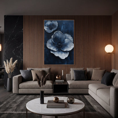 Silvery Blue Poppies Luxe Modern wall art in an elegant modern room – two large silver-blue blossoms with layered