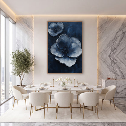 Silvery Blue Poppies Luxe Modern wall art in an elegant modern room – two large silver-blue blossoms with layered