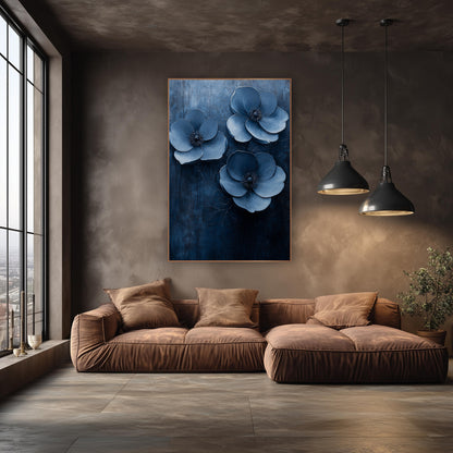 Triple Denim Blue Flower Trio wall art in an elegant modern room – three large powder blue flowers with dark centers