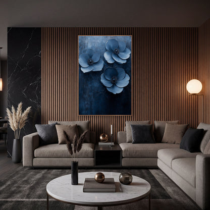 Triple Denim Blue Flower Trio wall art in an elegant modern room – three large powder blue flowers with dark centers