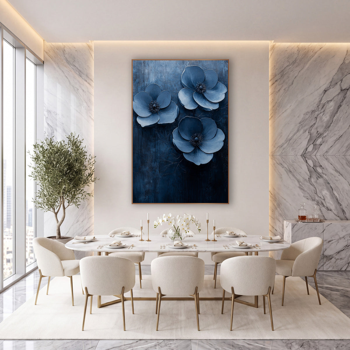 Triple Denim Blue Flower Trio wall art in an elegant modern room – three large powder blue flowers with dark centers