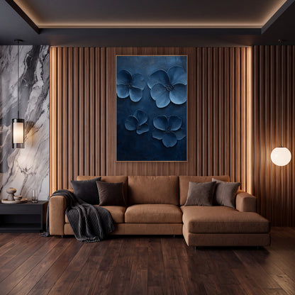 Indigo Blossom Quartet Modern Botanical wall art in an elegant modern room – four blue five-petal blossoms with dark