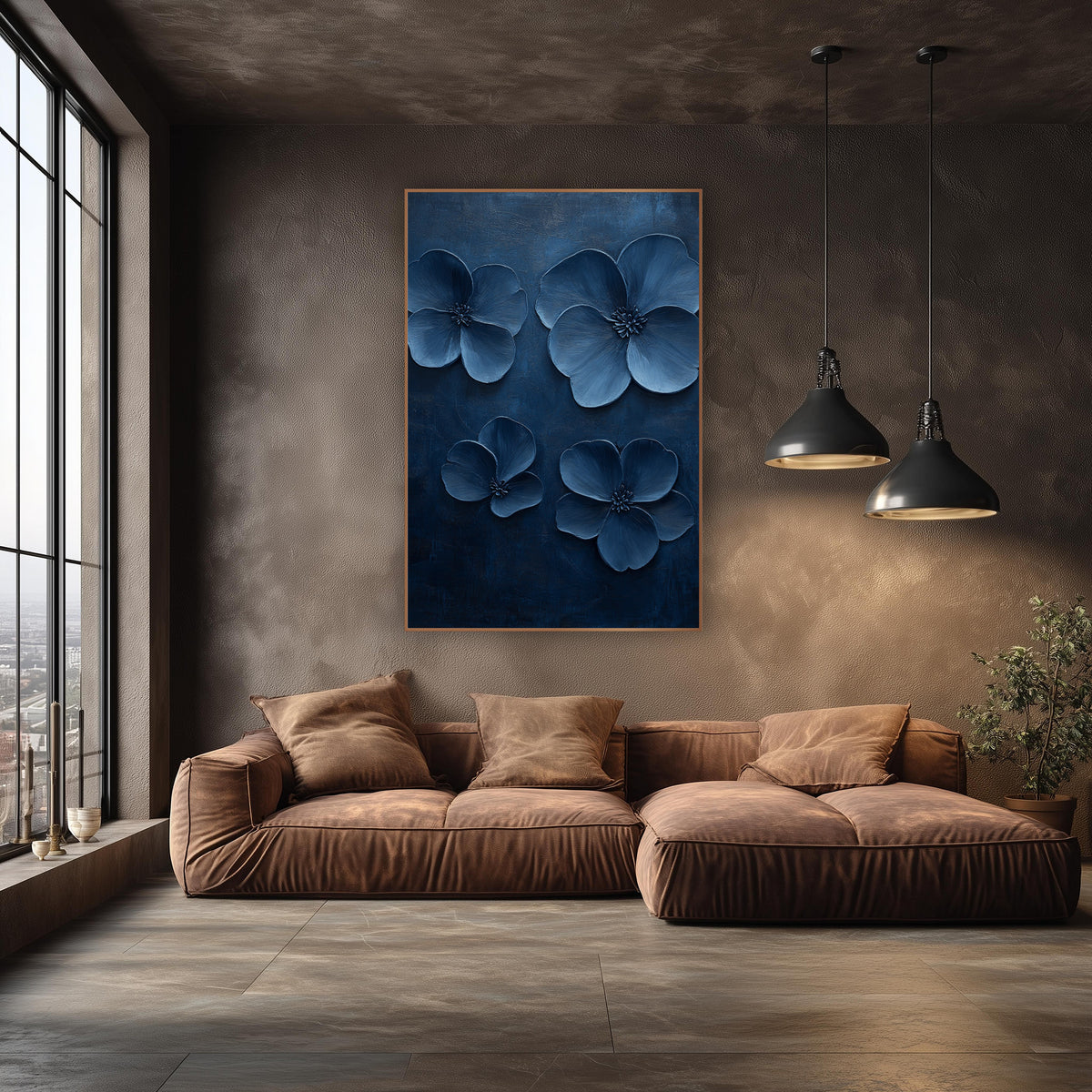 Indigo Blossom Quartet Modern Botanical wall art in an elegant modern room – four blue five-petal blossoms with dark