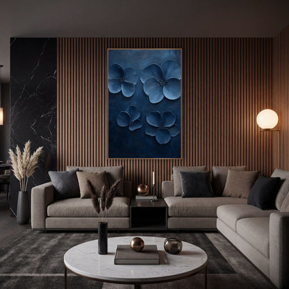 Indigo Blossom Quartet Modern Botanical wall art in an elegant modern room – four blue five-petal blossoms with dark