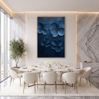 Indigo Blossom Quartet Modern Botanical wall art in an elegant modern room – four blue five-petal blossoms with dark