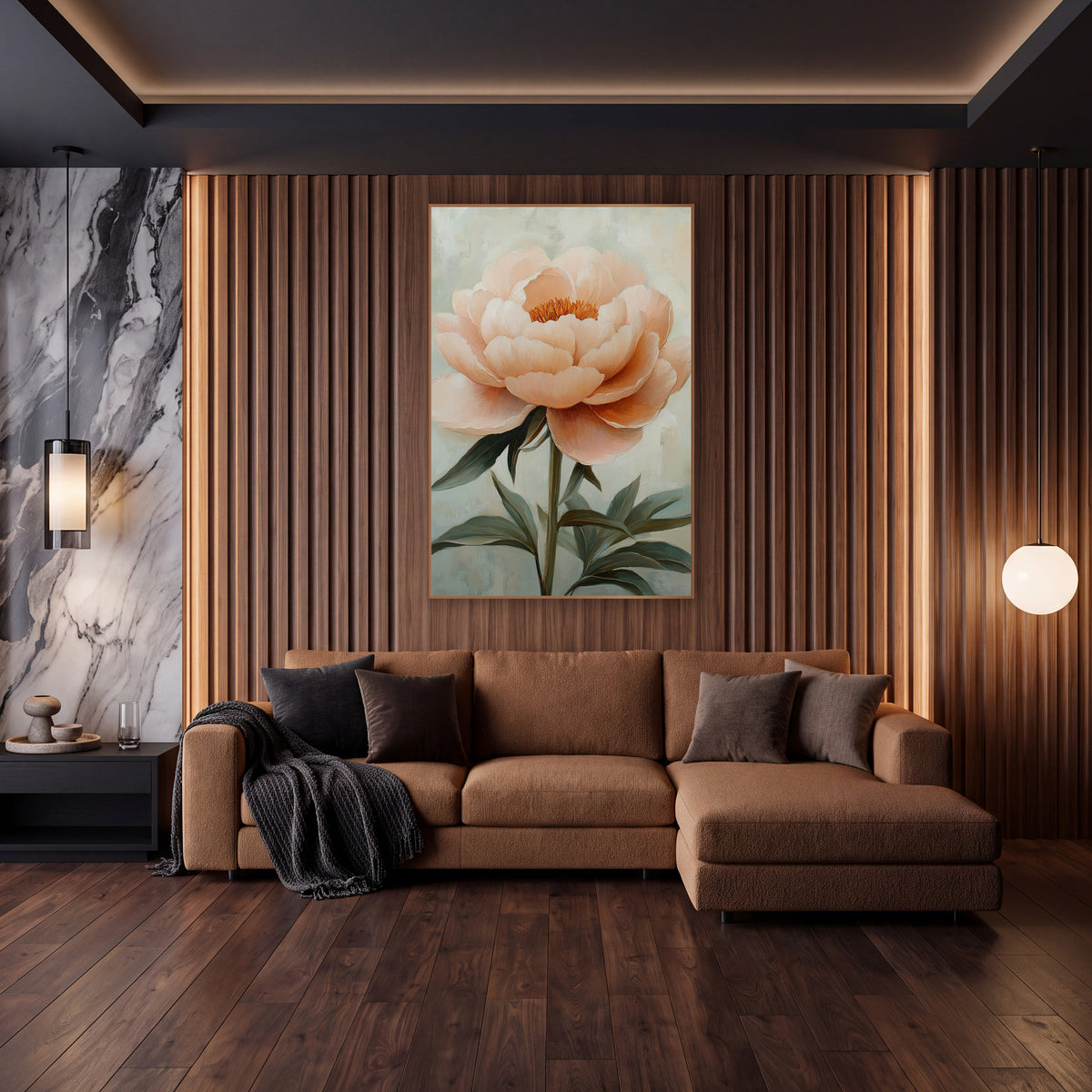 Sage Leaf Peony Painterly Floral wall art in an elegant modern room – large blush peach peony with layered petals
