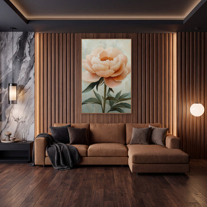 Sage Leaf Peony Painterly Floral wall art in an elegant modern room – large blush peach peony with layered petals