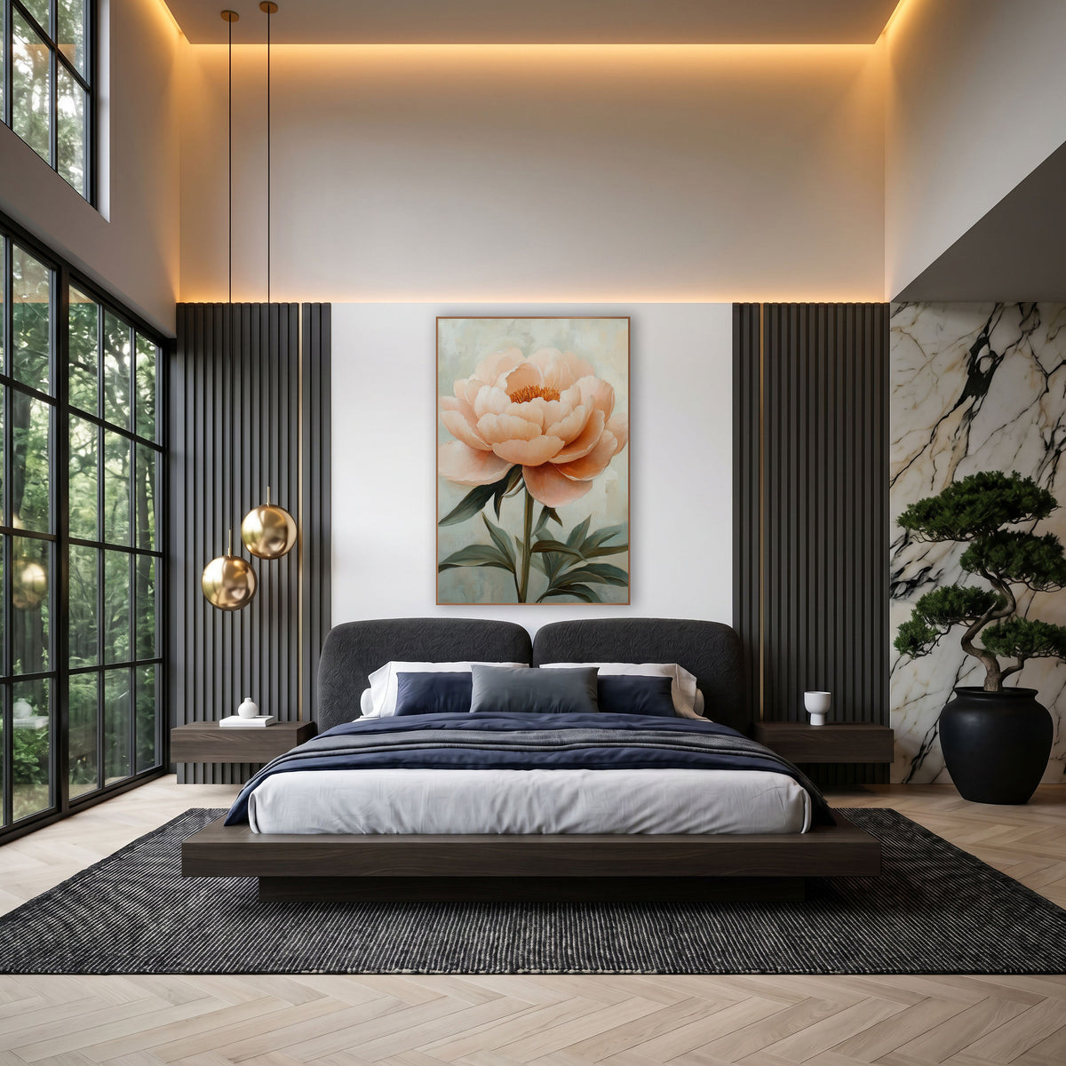 Sage Leaf Peony Painterly Floral wall art in an elegant modern room – large blush peach peony with layered petals
