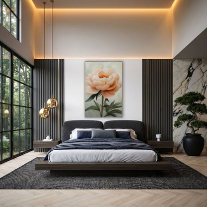 Sage Leaf Peony Painterly Floral wall art in an elegant modern room – large blush peach peony with layered petals