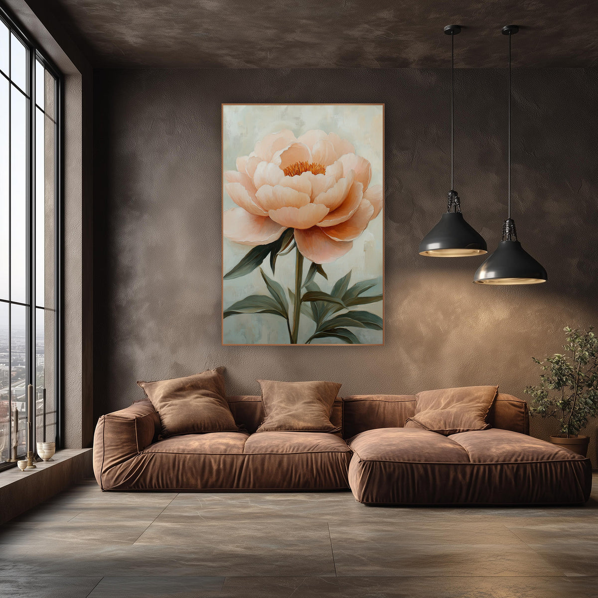 Sage Leaf Peony Painterly Floral wall art in an elegant modern room – large blush peach peony with layered petals