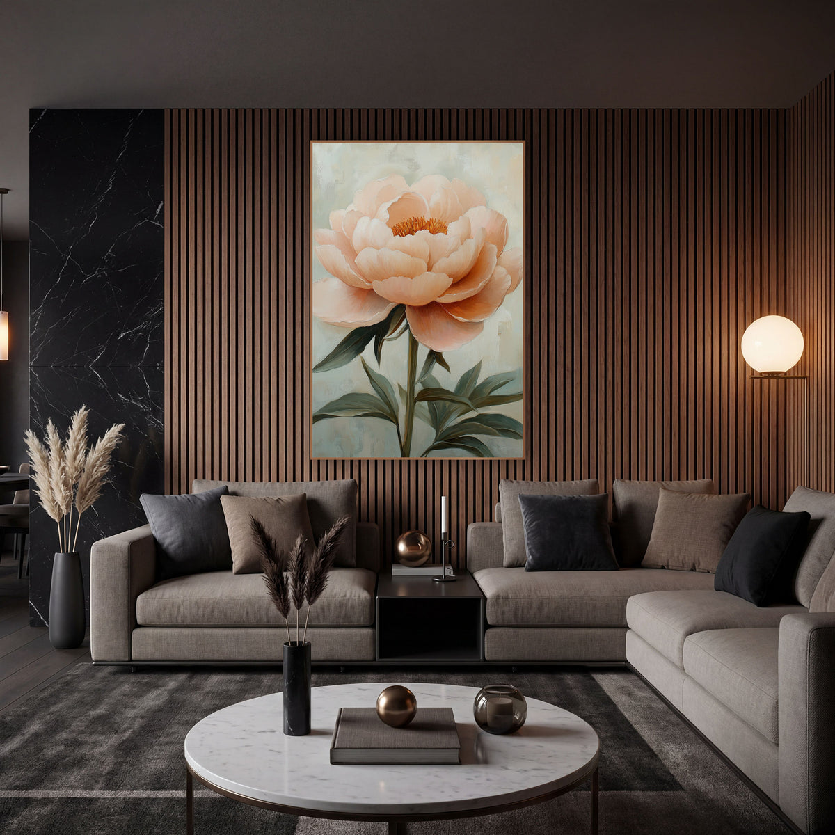Sage Leaf Peony Painterly Floral wall art in an elegant modern room – large blush peach peony with layered petals