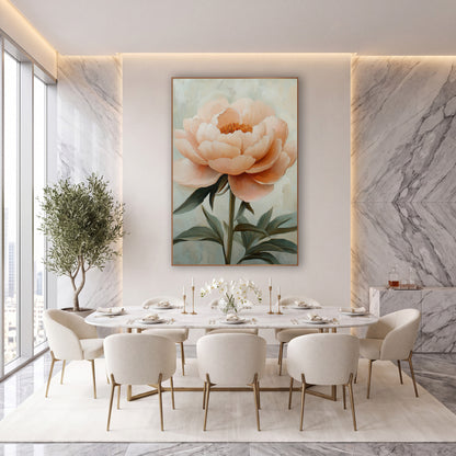 Sage Leaf Peony Painterly Floral wall art in an elegant modern room – large blush peach peony with layered petals