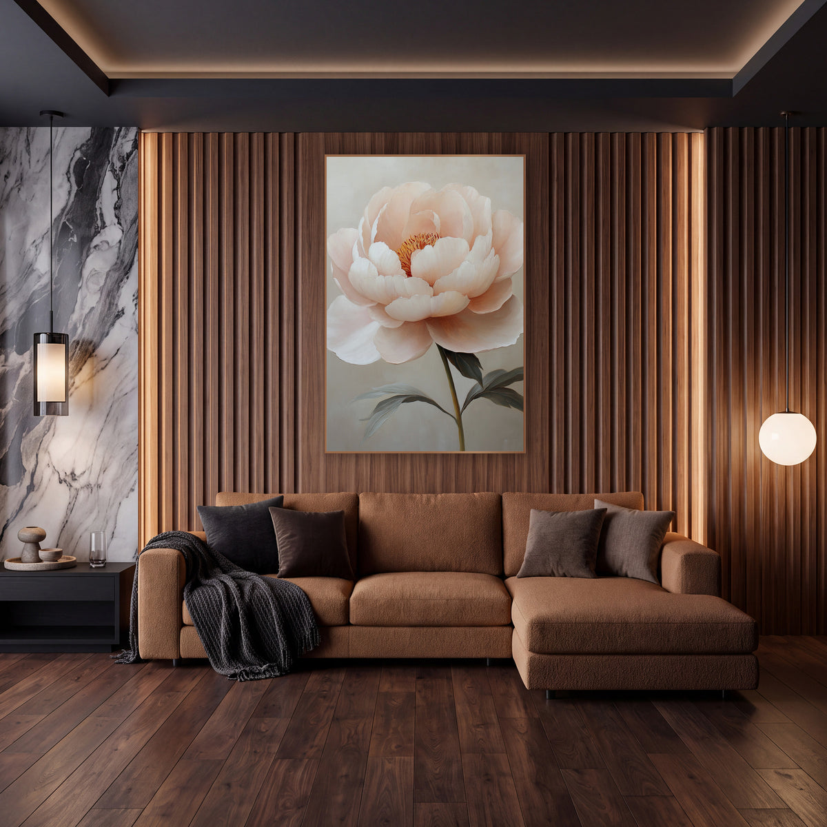 Ivory Cream Peony Soft Floral wall art in an elegant modern room – large blush pink peony with layered cream petals