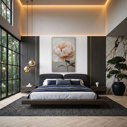 Ivory Cream Peony Soft Floral wall art in an elegant modern room – large blush pink peony with layered cream petals