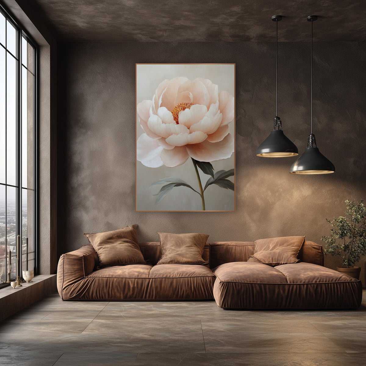 Ivory Cream Peony Soft Floral wall art in an elegant modern room – large blush pink peony with layered cream petals