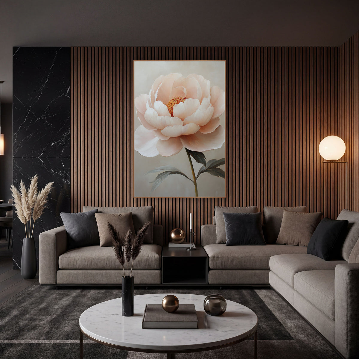 Ivory Cream Peony Soft Floral wall art in an elegant modern room – large blush pink peony with layered cream petals