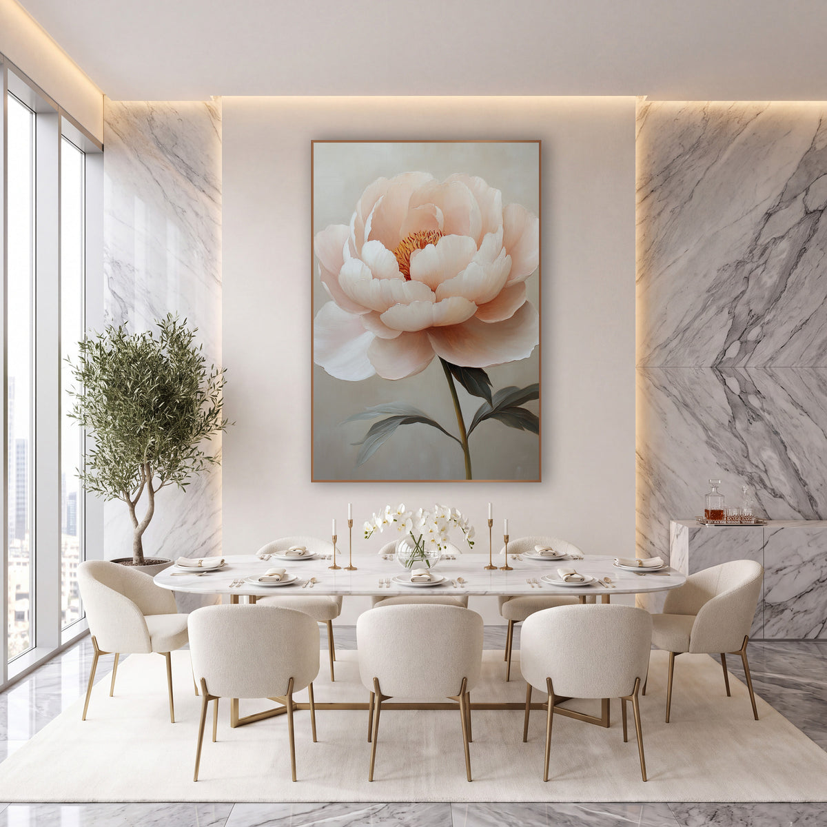 Ivory Cream Peony Soft Floral wall art in an elegant modern room – large blush pink peony with layered cream petals