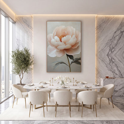 Ivory Cream Peony Soft Floral wall art in an elegant modern room – large blush pink peony with layered cream petals