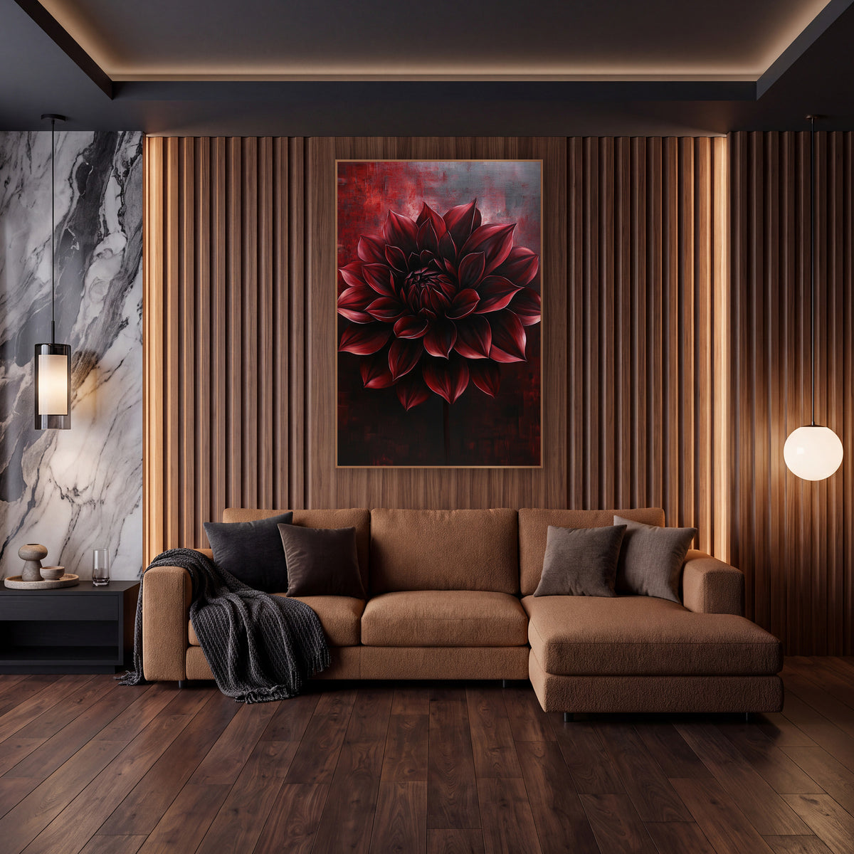 Crimson Dahlia Stem Dramatic Moody wall art in an elegant modern room – large burgundy dahlia with pointed layered