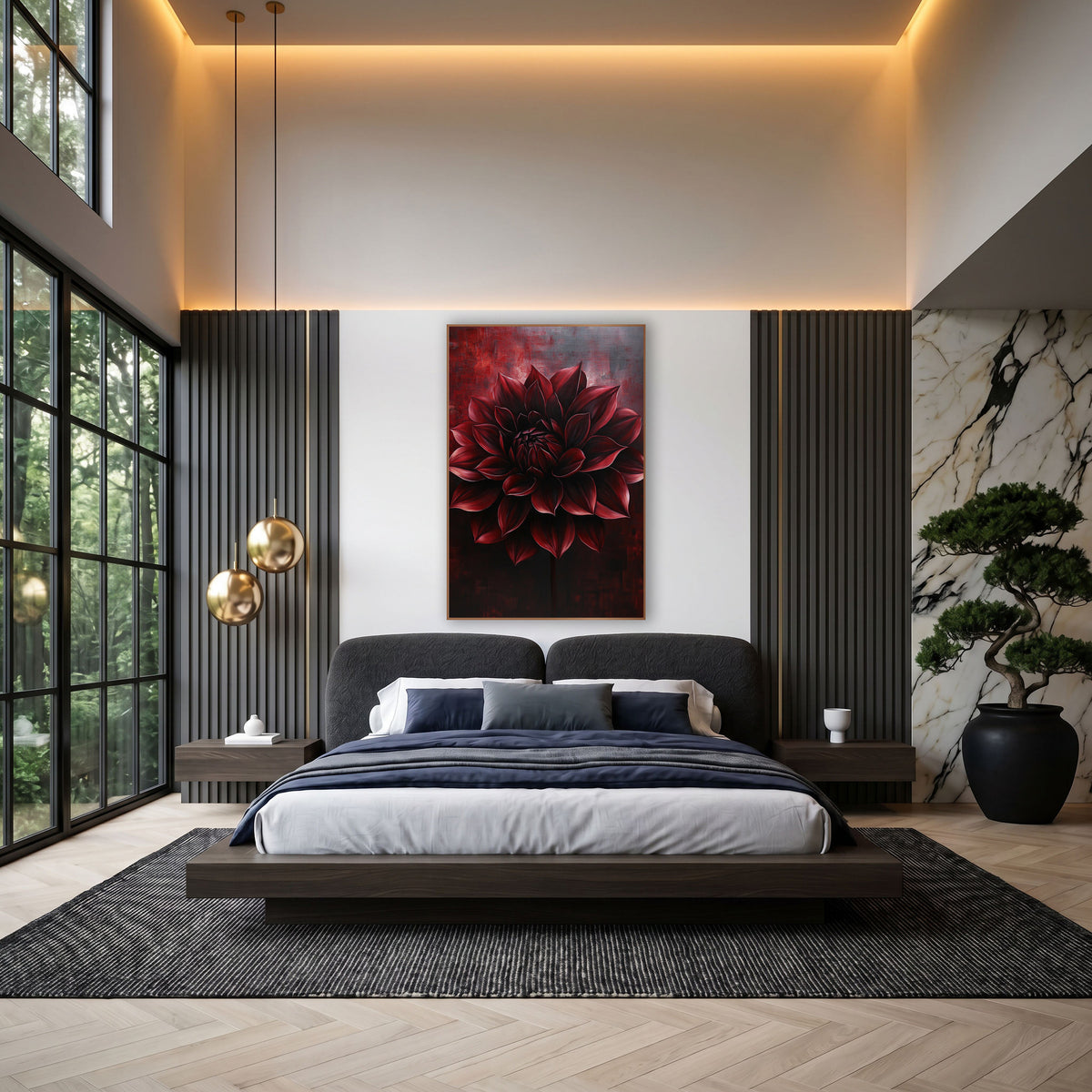 Crimson Dahlia Stem Dramatic Moody wall art in an elegant modern room – large burgundy dahlia with pointed layered