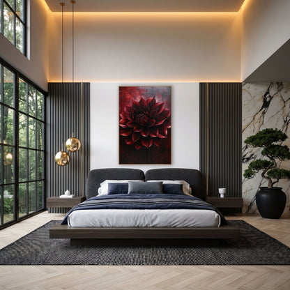 Crimson Dahlia Stem Dramatic Moody wall art in an elegant modern room – large burgundy dahlia with pointed layered
