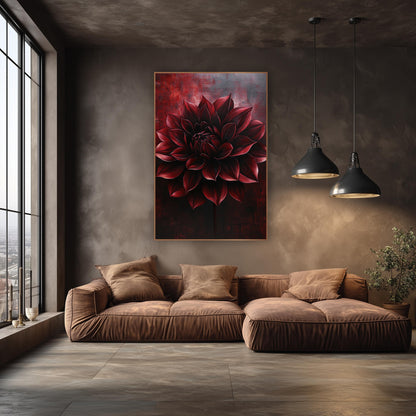 Crimson Dahlia Stem Dramatic Moody wall art in an elegant modern room – large burgundy dahlia with pointed layered
