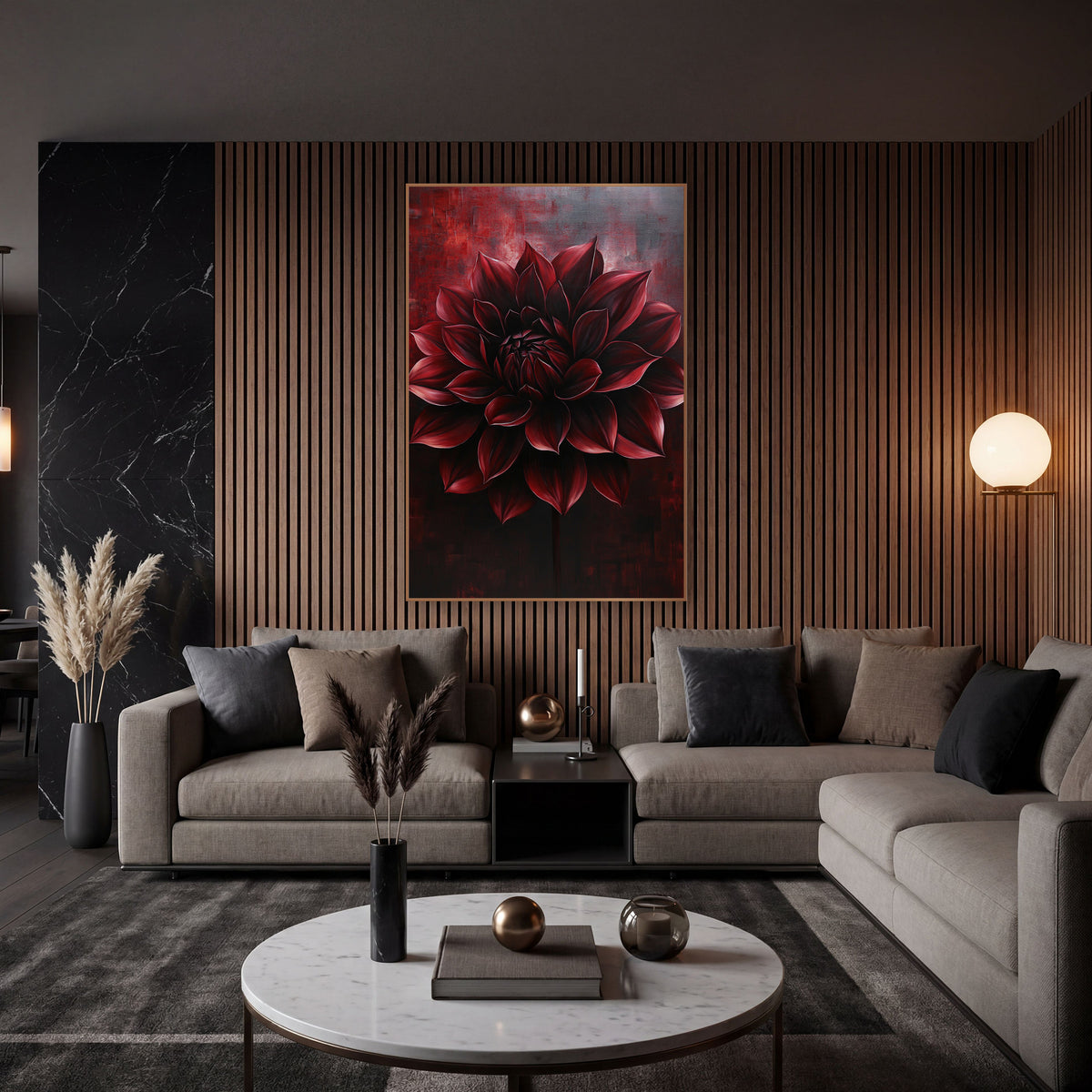 Crimson Dahlia Stem Dramatic Moody wall art in an elegant modern room – large burgundy dahlia with pointed layered