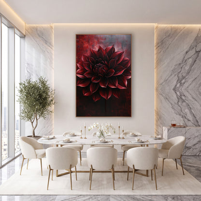 Crimson Dahlia Stem Dramatic Moody wall art in an elegant modern room – large burgundy dahlia with pointed layered